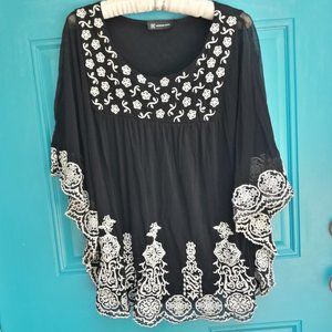 Embroidered Butterfly Sleeve Semi Sheer Embroidery